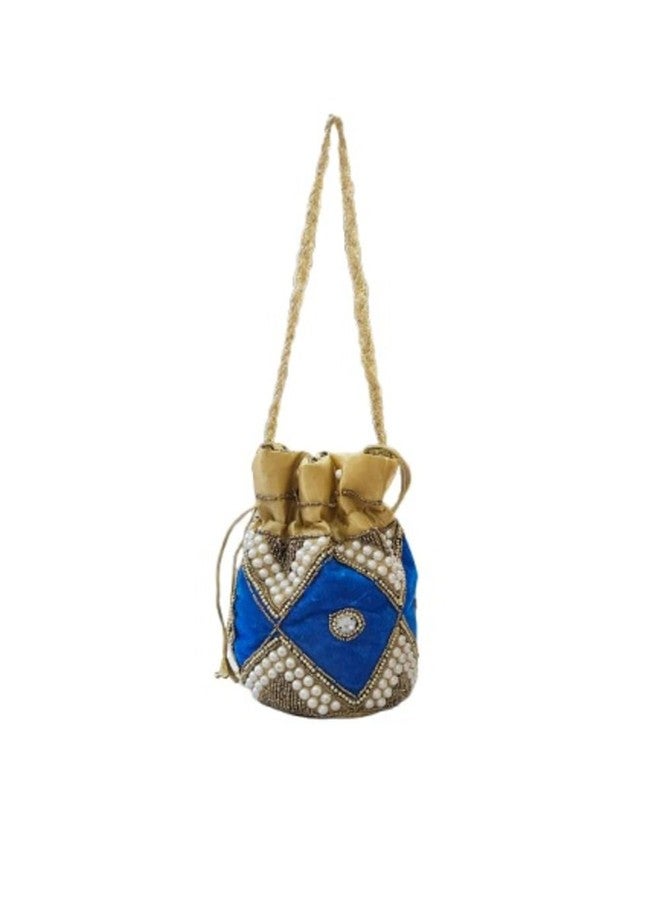 SuneshCreation Ethnic Potli Handbag with Beaded Handle, Floral Embroidery, Traditional Drawstring Purse, Velvet Wristlet (blue) - Image 2